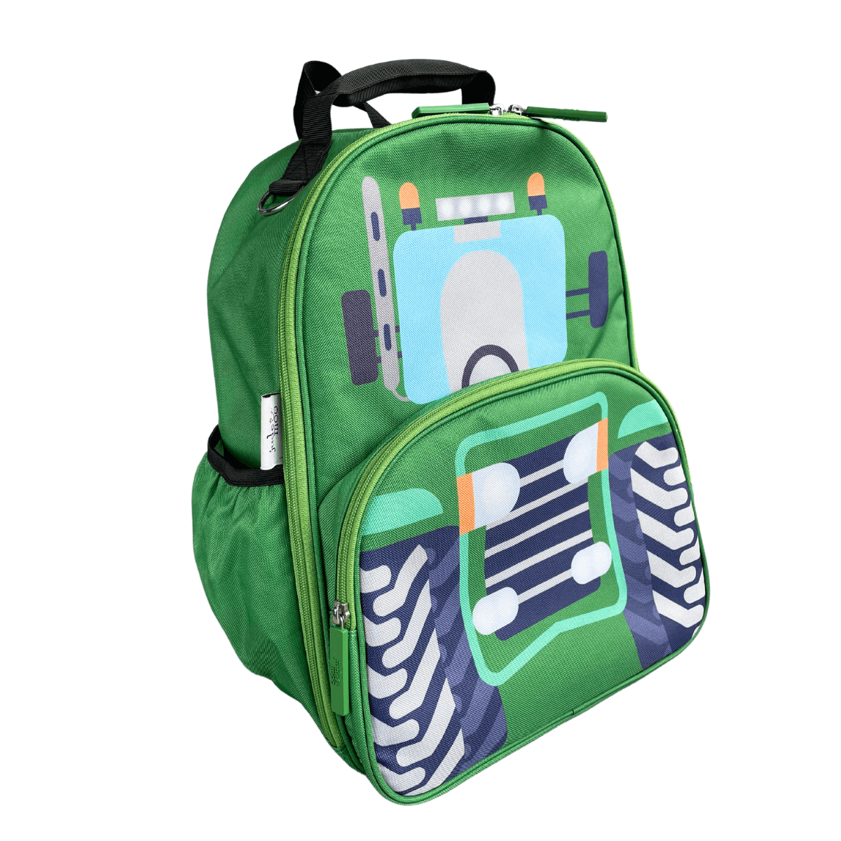 Side on of farm Green tractor jude&moo backpack for boys and girls