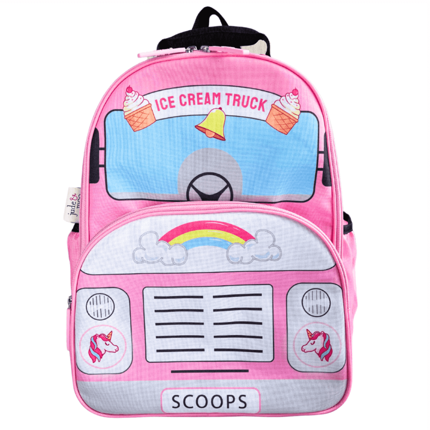Front on of jude&moo Ice cream Truck Kids backpack with unicorns and rainbows
