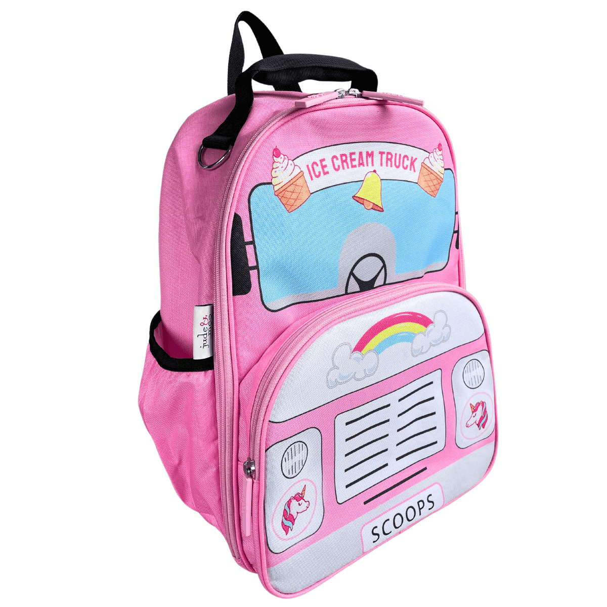 Side of jude&moo Ice cream Truck Kids backpack with unicorns and rainbows for Boys and Girls